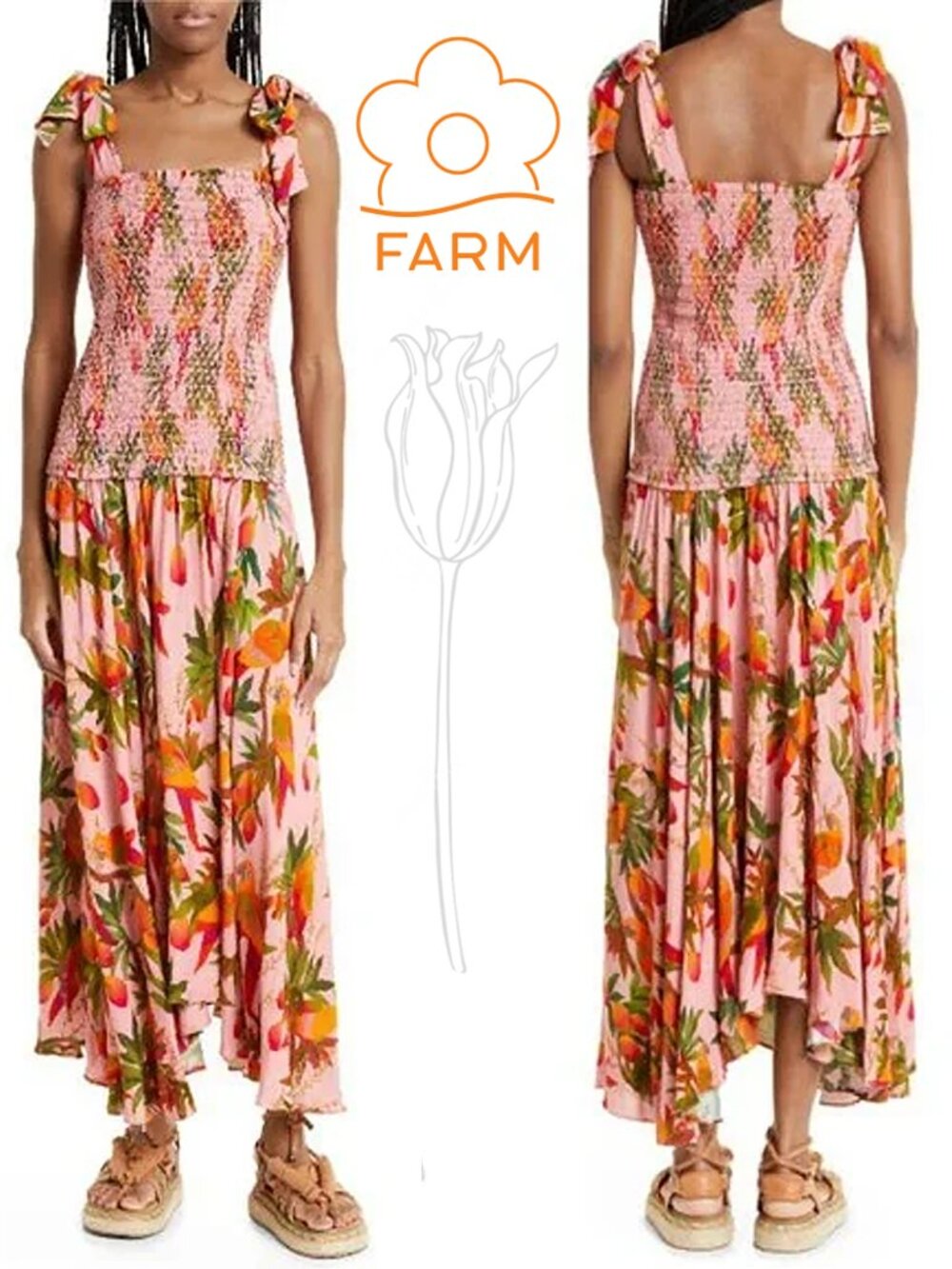 FARM RIO Mango Trees Smocked Bodice Midi Dress